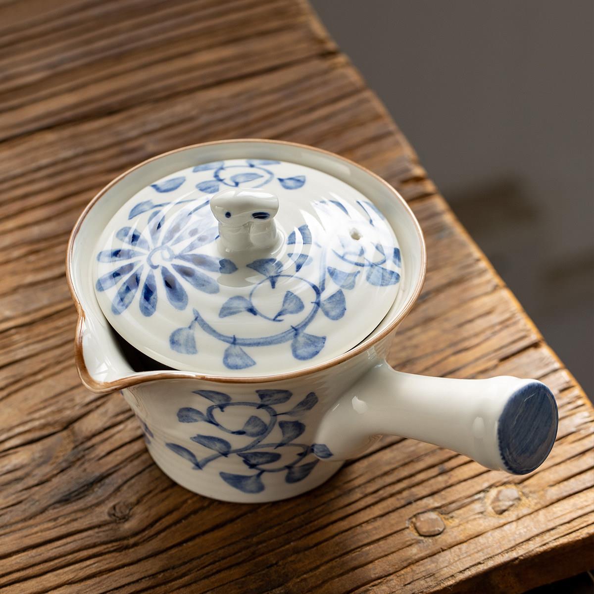 日本进口美浓烧手绘唐草花兔子茶壶日式茶具急须壶配滤网侧把壶