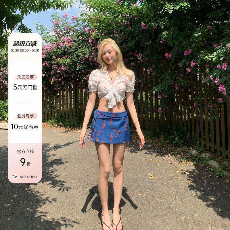 8uioio 希腊风情 蓝色碎花半身裙女夏季2025新款小个子a字裙短裙