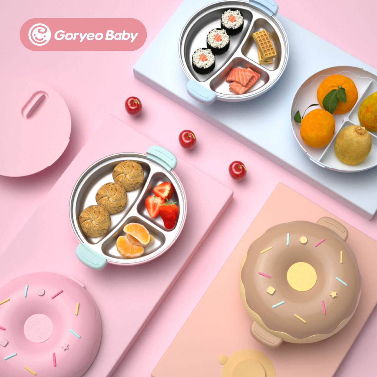goryeobaby婴幼儿童注水保温碗316不锈钢吸盘分格餐盘宝宝辅食碗