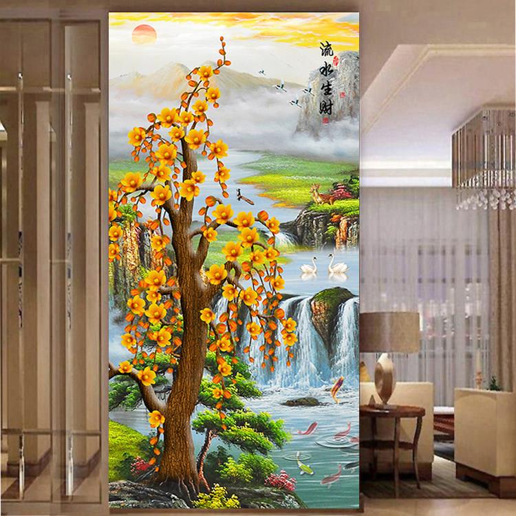 流水生财黄金树发财树入户玄关装饰画山水招财走廊墙贴壁挂画自粘