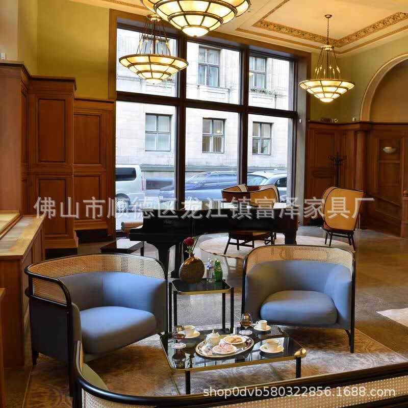 北欧现代简约轻奢餐厅布会所艺实木色编fz047洽谈单人双人沙发藤