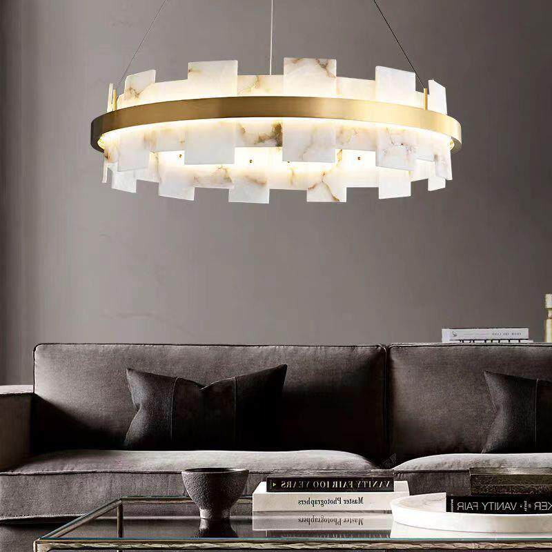现代简约全铜吊灯美式复古客厅灯个性北欧卧室主灯天然云石餐厅灯