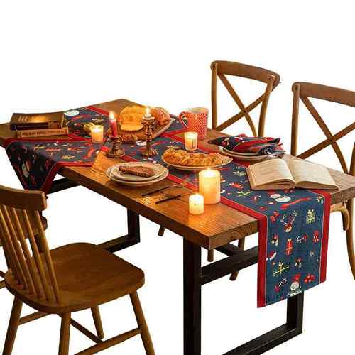 正品复美式古轻奢高节级感刺绣圣雪诞节人桌旗 北欧INS日装饰长条