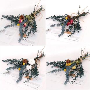 北欧ins风干花花束尤加利叶白瓷瓶装饰摆件 清新真花干花客厅玫瑰