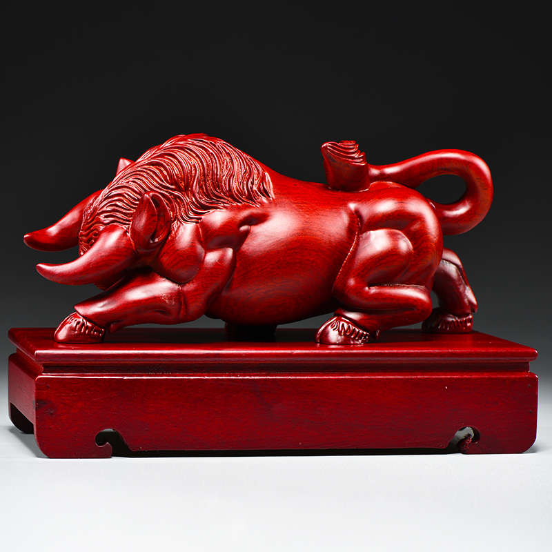 S228红花梨木雕牛十二生肖木牛运势如虹摆件家居客厅办公装饰开业