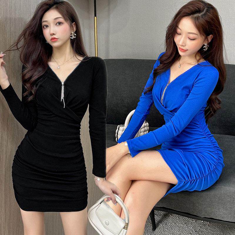 低胸连衣裙弹力棉包臀打底裙修身性感夜店女装显身材深技师工衣