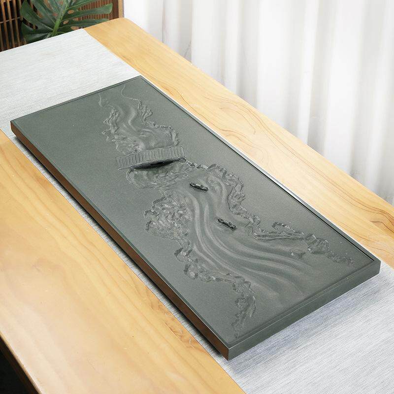 乌金石茶盘家用泡茶石头茶台简约轻奢茶海黑石浮雕排水盘功夫茶具