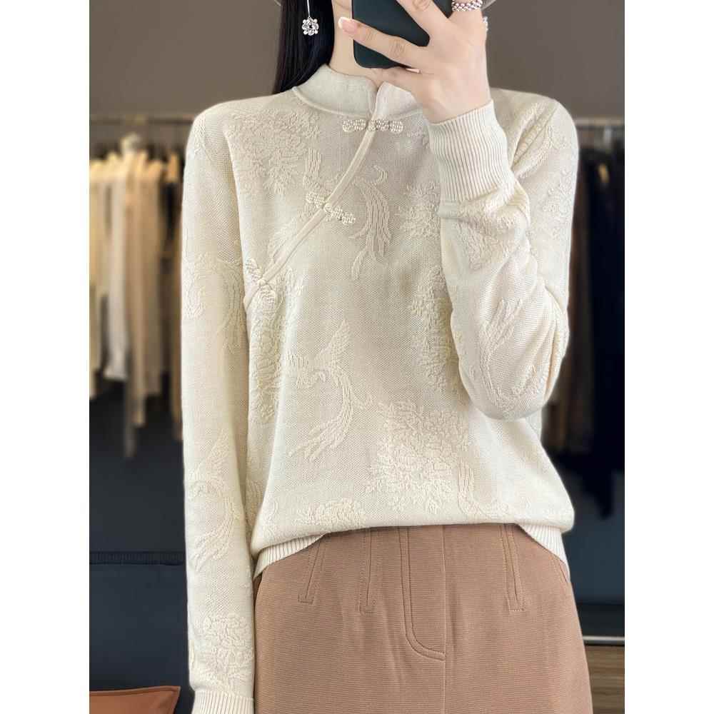 新中式国风上衣春秋薄款毛衣女秋季2025新款内搭高级感针织打底衫