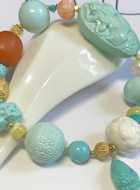 新品天然原矿绿松石多宝手链18k金高定关公手牌珠链珠单珠13.5mm