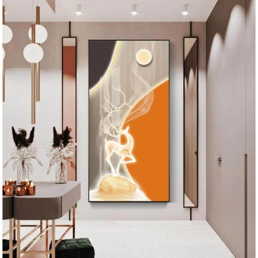 现代轻奢玄关LED灯带装饰画福鹿呈祥好寓意走廊过道壁画入户挂画图片