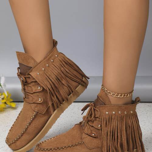 Large fringe lace up short boots for women, Western style