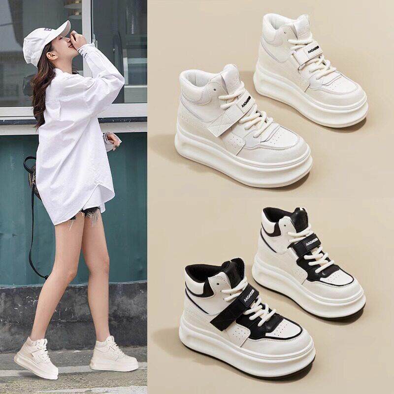 内增高真皮高帮小白鞋女春秋新款厚底6cm小码时尚女鞋运动休闲鞋