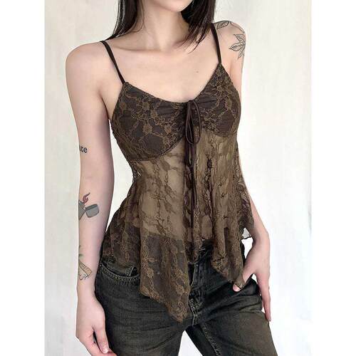 Women's Contrast Lace Tie Front Cami Top Y2K Casual