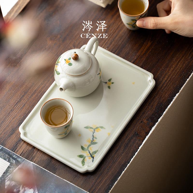 手绘釉下彩干泡盘壶承草木灰陶瓷手工壶拖茶托盘茶台小茶盘干泡台