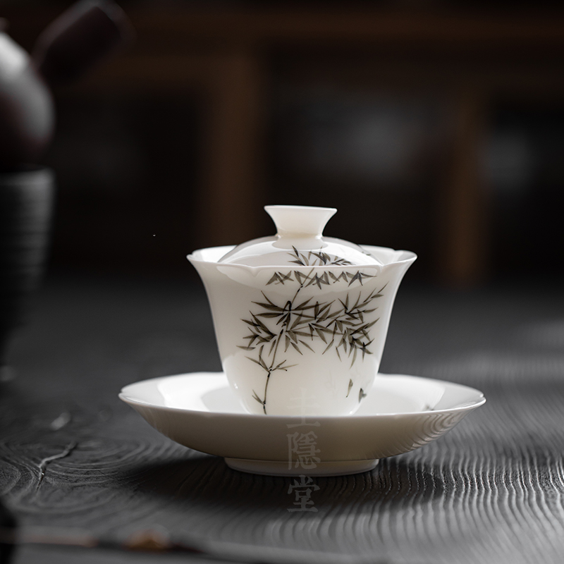 圭隐堂纯手绘墨竹盖碗家用复古陶瓷功夫泡茶碗分茶器防烫手抓碗