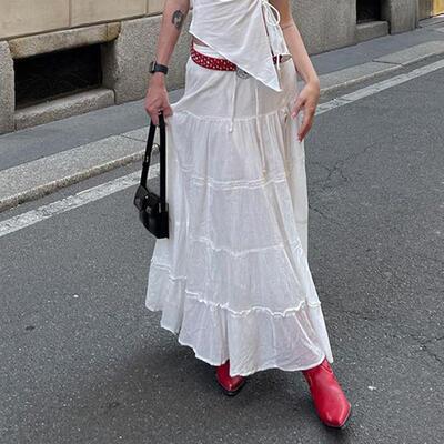 Cotton split white long skirt for women