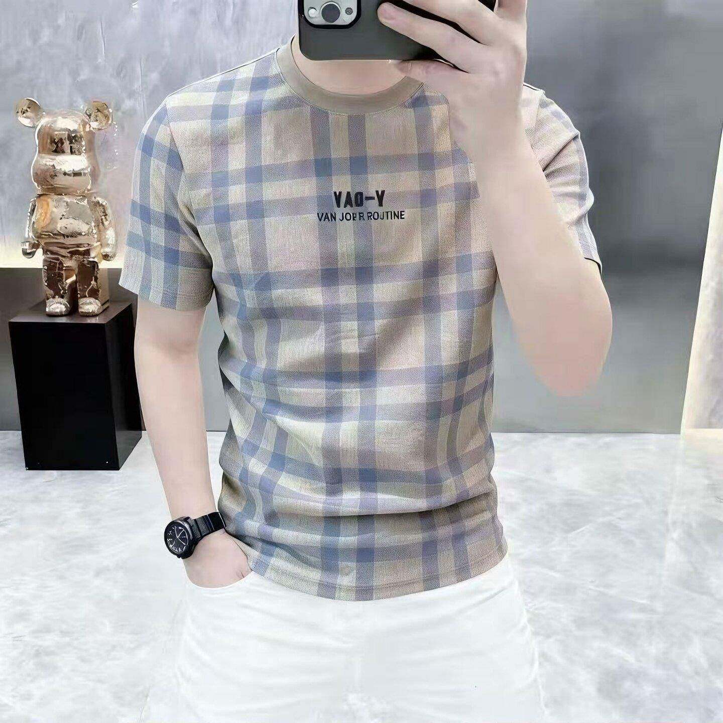 高端冰丝棉麻格子短袖男t恤夏季新款刺绣男士修身麻料圆领体恤潮