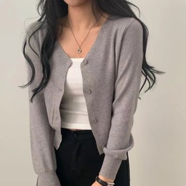 韩国chic春季法式小众单排扣V领修身显瘦百搭短款针织衫开衫外套