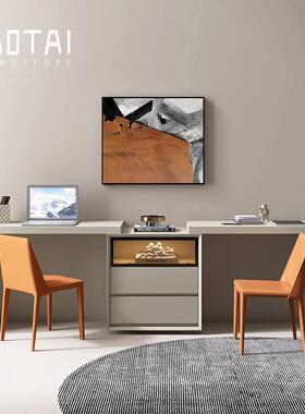 意式极简书桌家用学生写字台简约卧室伸缩双人电脑工作一体办公桌