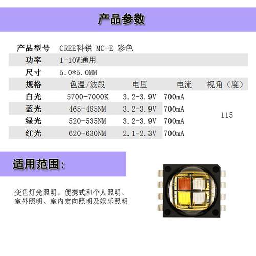 科锐CREE灯珠大功率LED MCE四芯RGBW彩光W中性白10W7090舞台灯