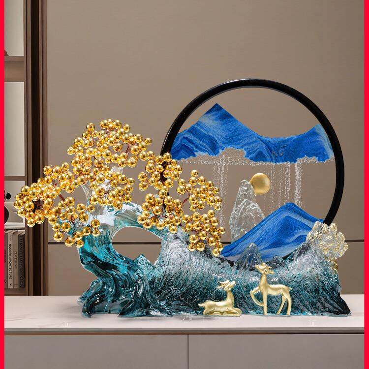 黄水晶发财树流沙画摆件新中式客厅玄关办公室桌面装饰品