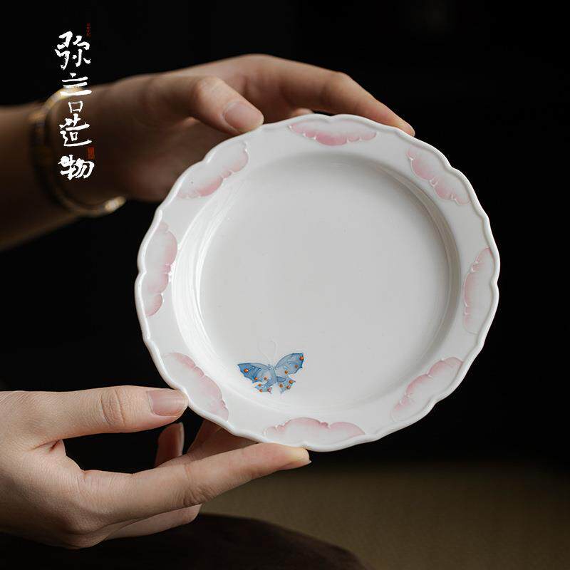 弥言手绘牡丹壶承纯手工陶瓷花口干泡盘盖碗茶壶小茶台茶点盘两用