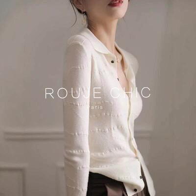 ROUJE CHIC法式优雅气质白色翻领软糯针织衫女春温柔修身显瘦上衣
