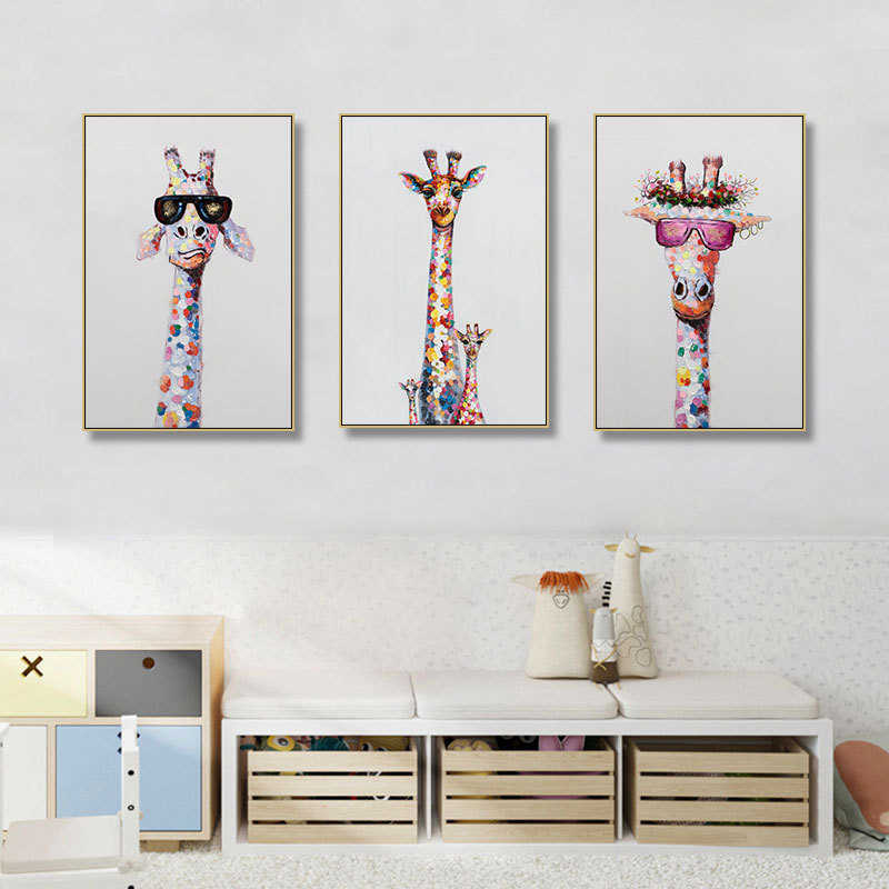长颈鹿家族装饰画儿童房间手绘油画客厅沙发背景墙治愈系动物壁画图片