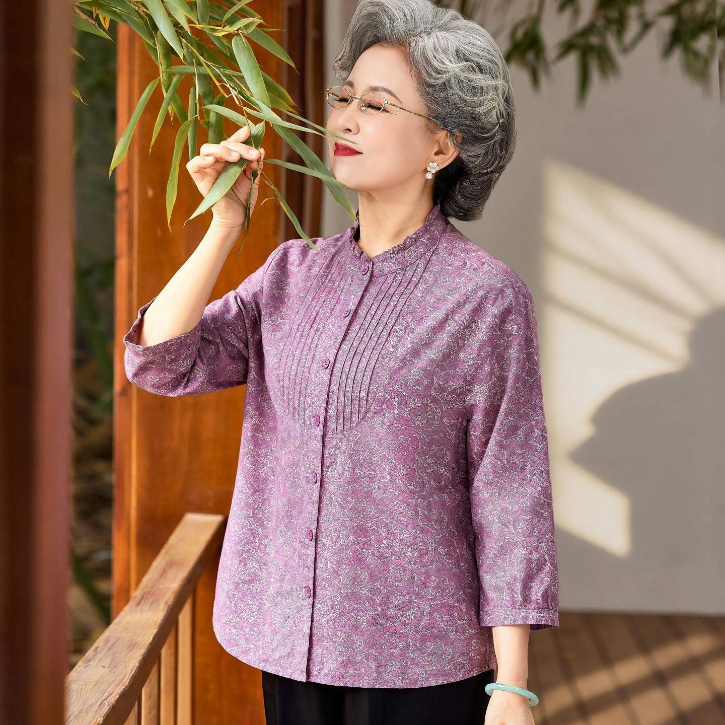 老年人纯棉衬衫女妈妈太太春夏装七分袖上衣服70岁80奶奶中袖套装