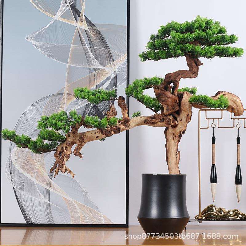 新中式仿真迎客松假树客厅绿植玄关罗汉松盆景办公室植物摆件酒店