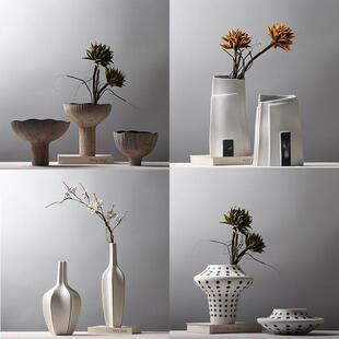 侘寂风覆古陶泥花器民宿样板房插花装 饰品磨砂创意高脚花瓶摆件