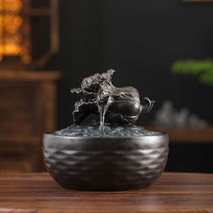 陶瓷流水摆件循环水办公桌茶台招财开业装 喷泉百财流水器 饰品中式