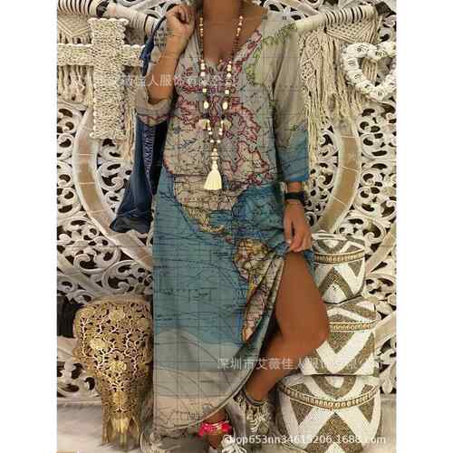 Skirt map printed collar length dress