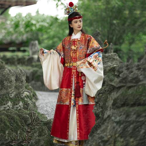 【砚滨纱】明制仿妆花红蓝龙圆领袍罩甲汉服宝玉红楼套装