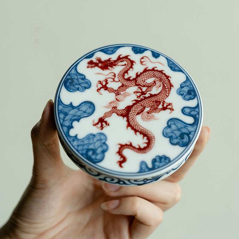 白汝青花龙纹盖置家用陶瓷杯垫功夫茶具陶瓷配件杯托复古杯垫盖托