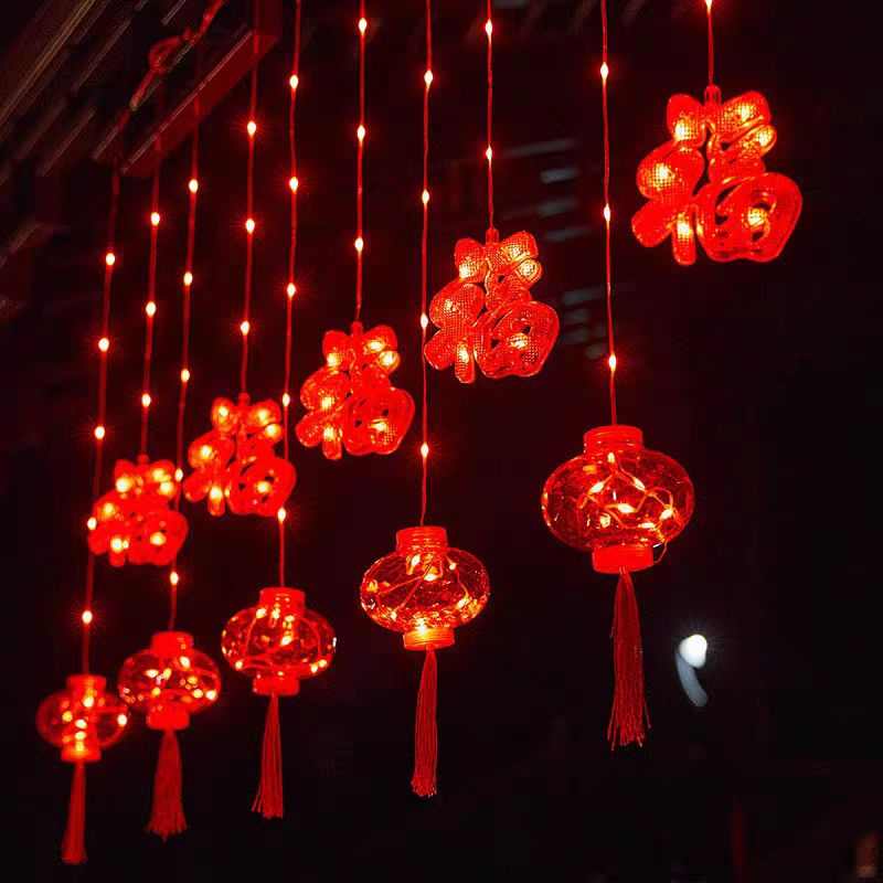 厂家春节红灯笼灯串家用新年装饰窗帘灯福字彩灯氛围灯发光客厅