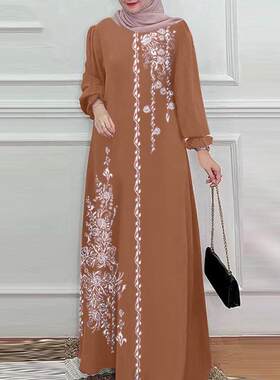 Elegant Muslim Long Robe Round Neck Long Sleeve Design