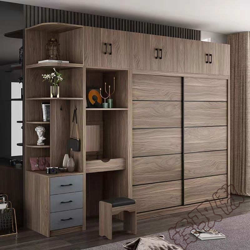 锋p5胡桃色北欧衣橱现代简约家用卧室木质整体移门柜子三门推拉门
