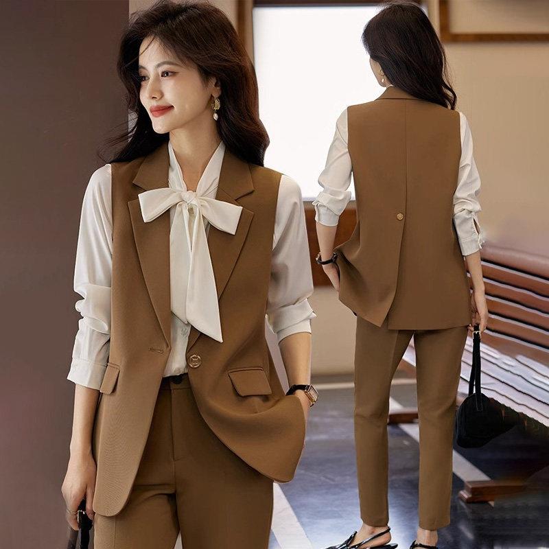 咖色马甲女款2025新款春秋马夹背心女外搭高端气质工作服职业套装