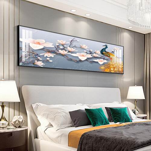 正品孔雀卧墙室床头瓷装饰画现代简约主卧挂画客厅背景挂壁画晶镶