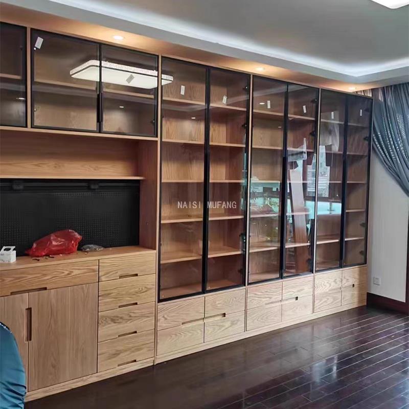 北美全实木满墙书柜定制黑胡桃原木客厅图书馆樱桃木橡木卡座书柜