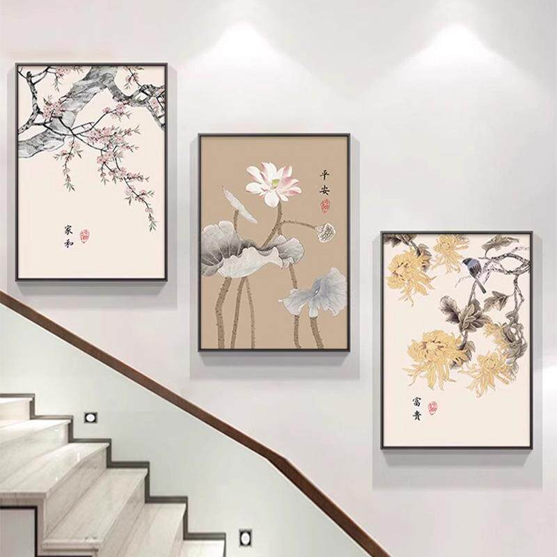 厂家直销楼梯间挂画新中式花鸟荷花复式楼壁画三联客厅过道装饰画