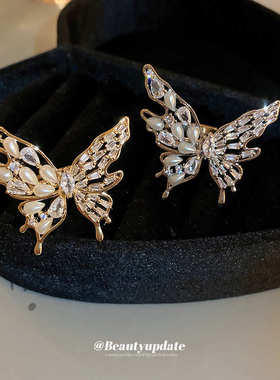 真金电镀锆石蝴蝶珍珠开口戒指气质高级感食指戒时尚百搭指环配饰