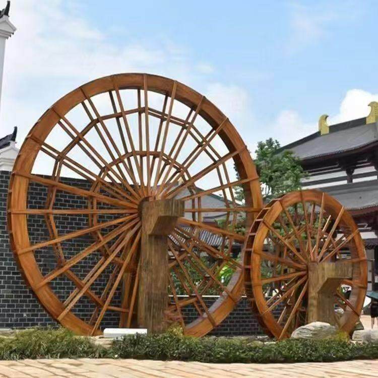 户外防腐木龙骨大水车转轮景观流水摆件木质幼儿园风车手摇水车