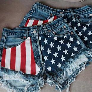 Womens Vintage Washed American Flag Star Fringe Denim Shorts