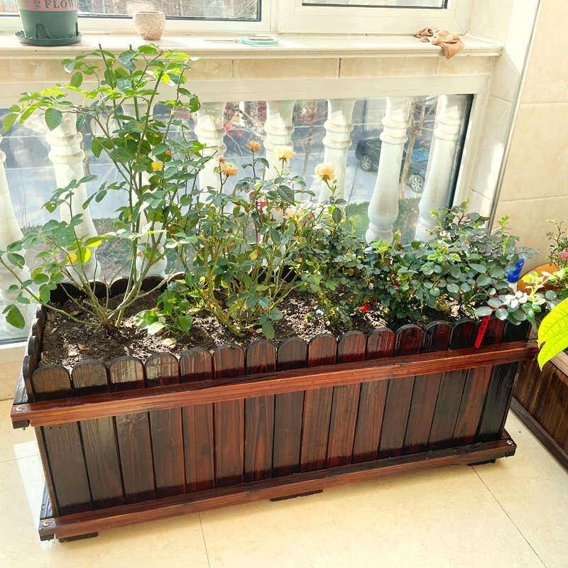 防腐木花箱户外庭院碳化实木长方形种植箱室外花盆阳台种菜箱花槽