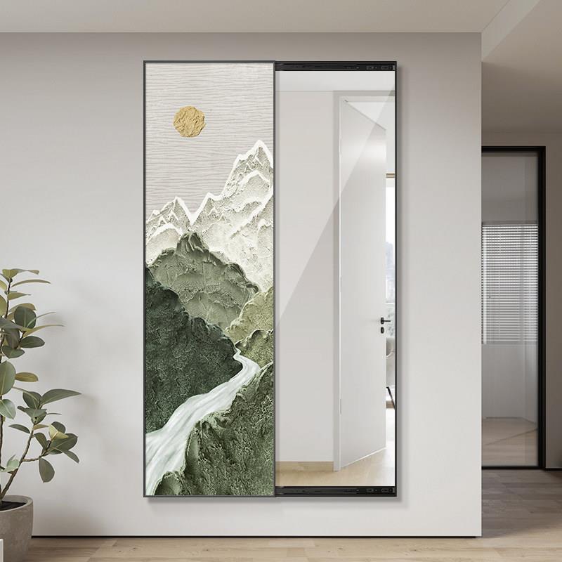 侘寂式山水入口装饰画隐镜挂画滑动全身镜客厅卧室梳妆镜壁画