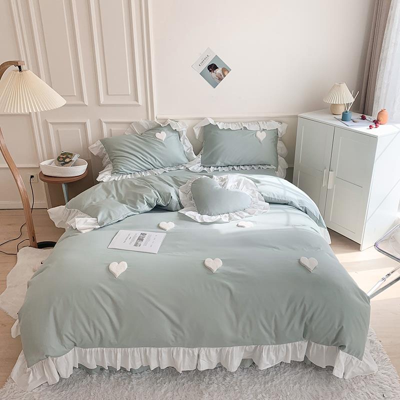 高档ins少女心风件套棉公主床裙式可爱心被套全四棉荷叶边床罩床