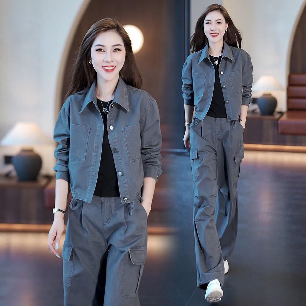 时尚牛仔套装女2026春秋新款洋气显瘦短款外套工装阔腿裤两件套潮
