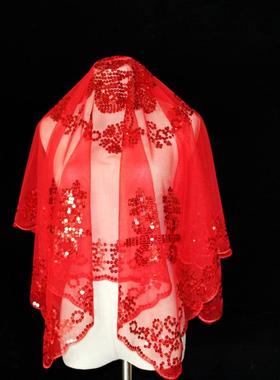 新娘结婚主婚纱头纱中式婚礼秀禾服红色盖头金色蕾丝红色头纱头饰